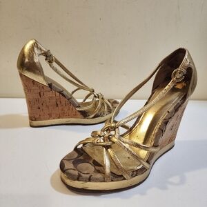 COACH Golden Strappy Cork Wedges Platform  Sandals Size 7